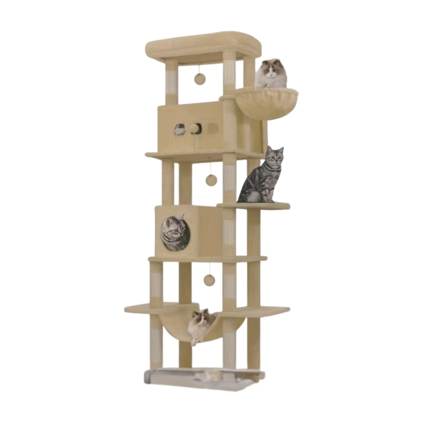 Grote Kattenboom, 210 cm Hoog, met 8 Krabpalen, 2 Kattenhokken, Groot Platform, Wasbare Kussens, Hangmat, Pluche Bal, Meerdere Niveaus