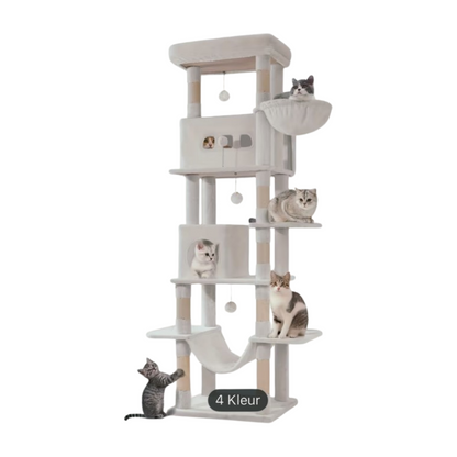 Grote Kattenboom, 210 cm Hoog, met 8 Krabpalen, 2 Kattenhokken, Groot Platform, Wasbare Kussens, Hangmat, Pluche Bal, Meerdere Niveaus