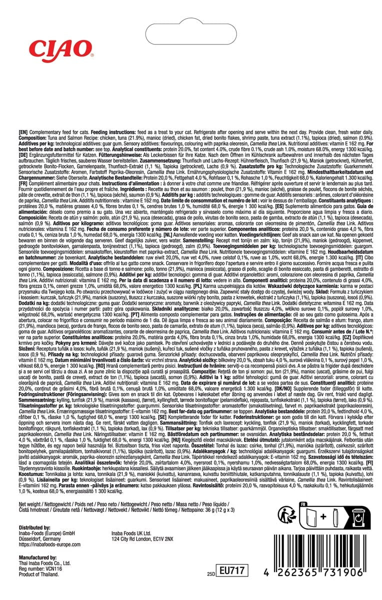 INABA Churu Tidbits Kattensnack - Tonijn en Zalm Recept (3 stuks)