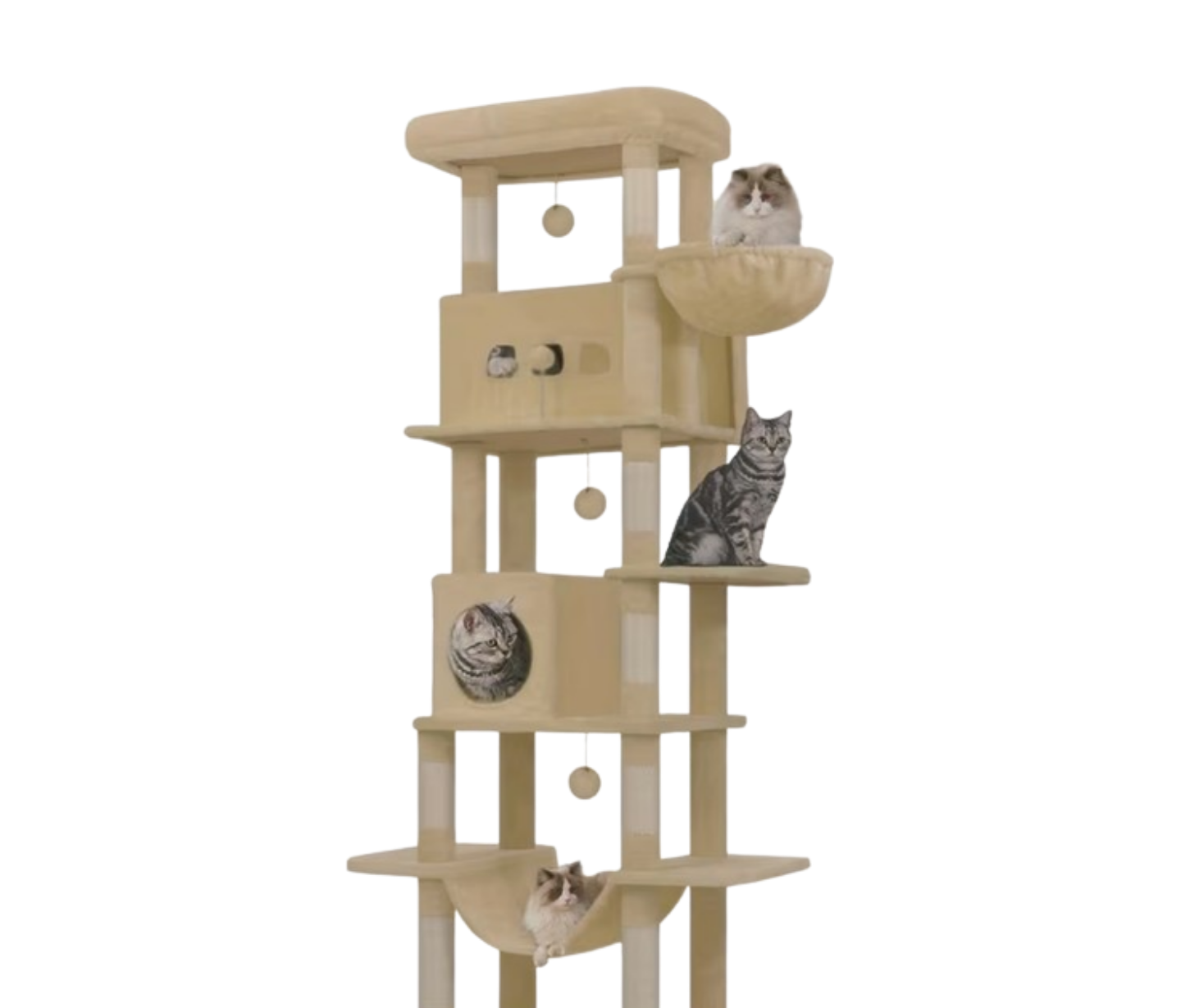 Grote Kattenboom, 210 cm Hoog, met 8 Krabpalen, 2 Kattenhokken, Groot Platform, Wasbare Kussens, Hangmat, Pluche Bal, Meerdere Niveaus
