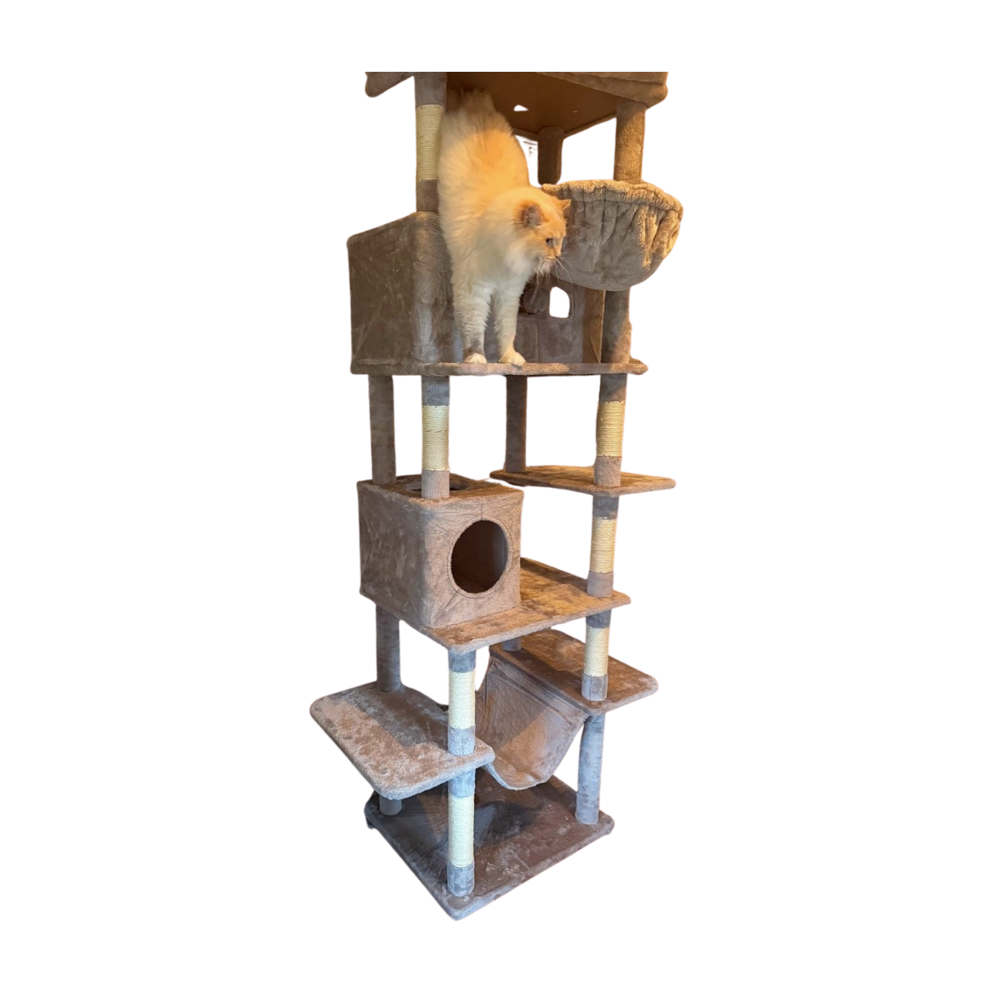 Grote Kattenboom, 210 cm Hoog, met 8 Krabpalen, 2 Kattenhokken, Groot Platform, Wasbare Kussens, Hangmat, Pluche Bal, Meerdere Niveaus