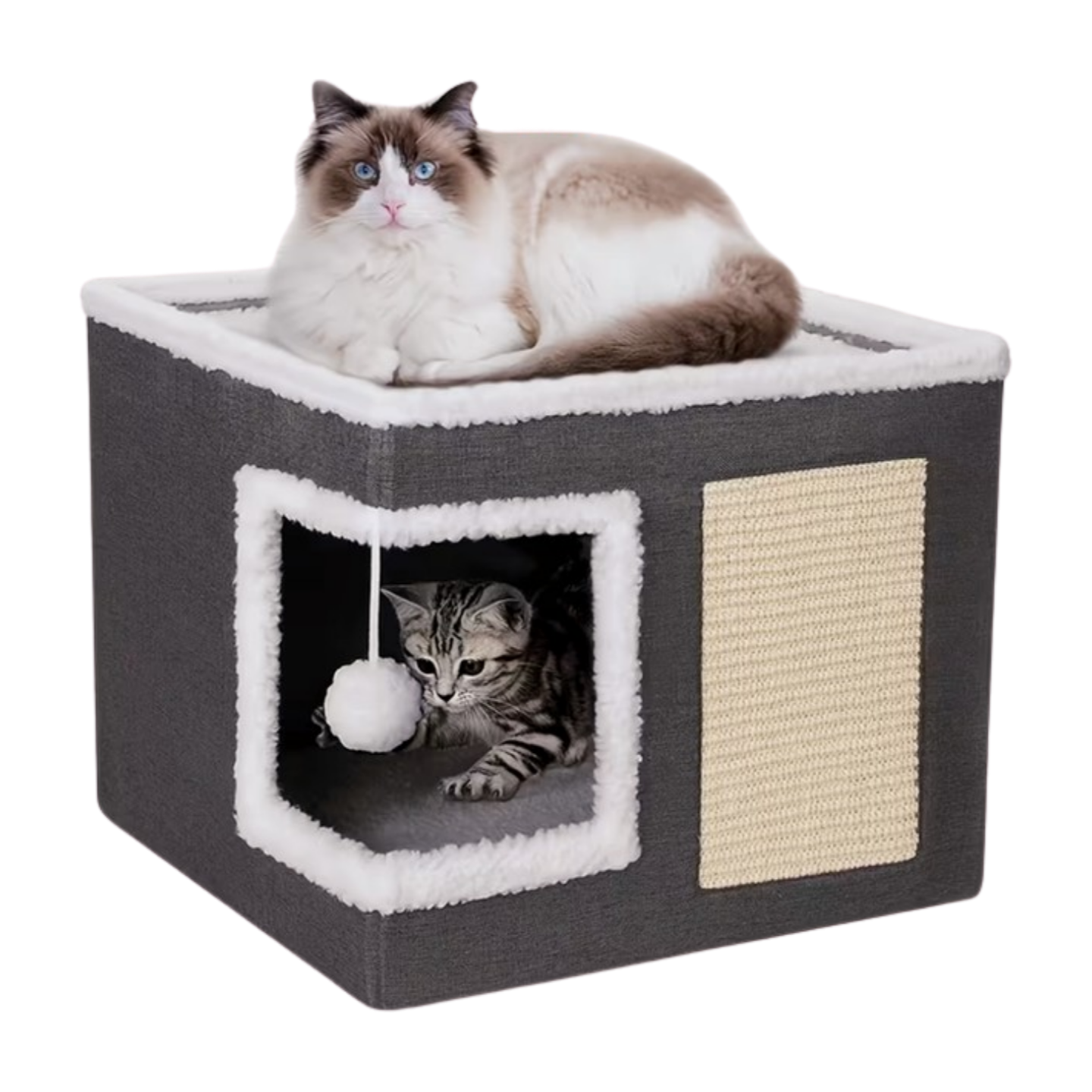 Vierkant Kattenbed met 2 Lagen en Pluche Nepbont & Gezellige Holte - Duurzaam Polyester Huisdierenbed voor Binnenkatten