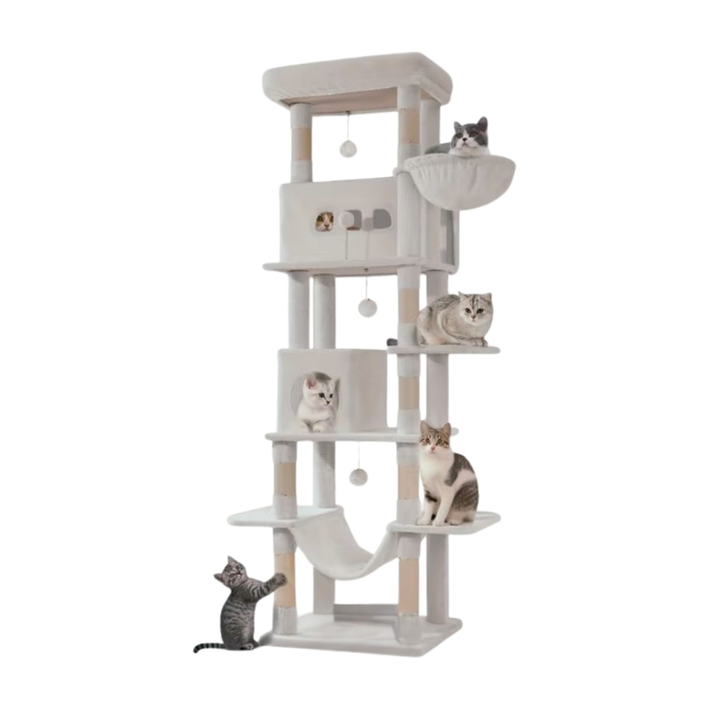 Grote Kattenboom, 210 cm Hoog, met 8 Krabpalen, 2 Kattenhokken, Groot Platform, Wasbare Kussens, Hangmat, Pluche Bal, Meerdere Niveaus