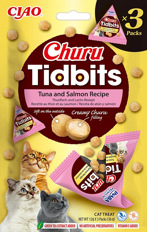 INABA Churu Tidbits Kattensnack - Tonijn en Zalm Recept (3 stuks)