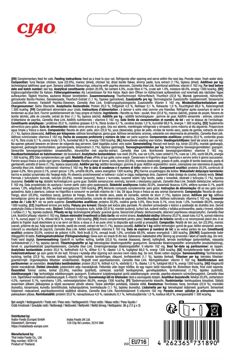 INABA Churu Tidbits Kattensnack - Tonijn Recept (3 stuks)