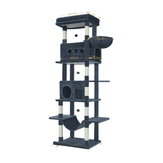 Grote Kattenboom, 210 cm Hoog, met 8 Krabpalen, 2 Kattenhokken, Groot Platform, Wasbare Kussens, Hangmat, Pluche Bal, Meerdere Niveaus